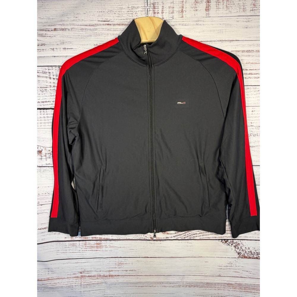 RLX Ralph Lauren Track Jacket Mens XL Black Red Stripe Mesh Full Zip Designer